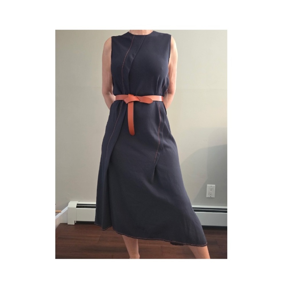 Dkny Blue Sheath Midi Dress Sleeveless Crew Neck